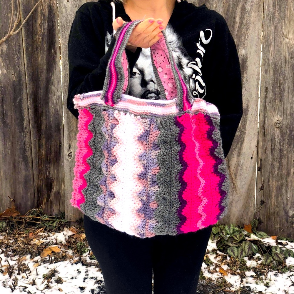 Crocheted Magenta, Lavender, and Gray Chevron Handbag